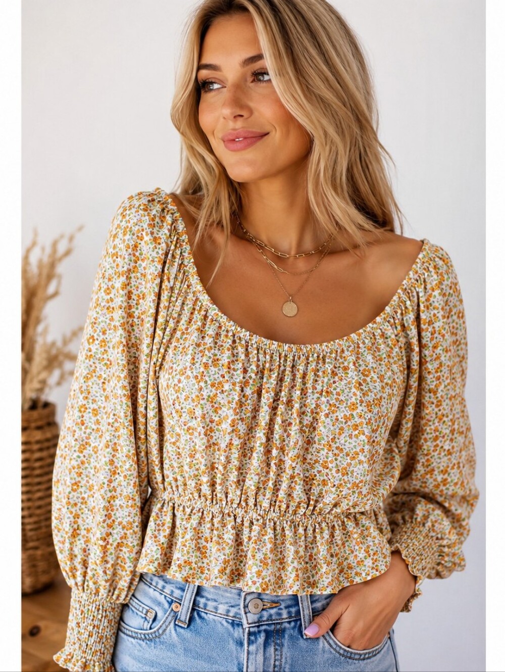 JON & ANNA Floral Smocked Peplum Crop Top XL Boho Cottagecore Blouse